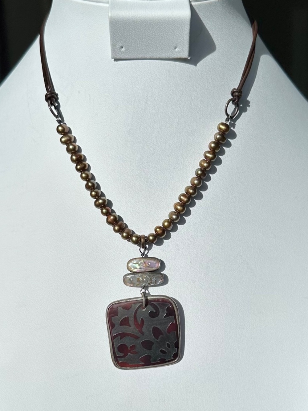 NWT Peyote Bird Free Spirit 14" Bronze Pearl & Etched Pendant Leather Choker 925